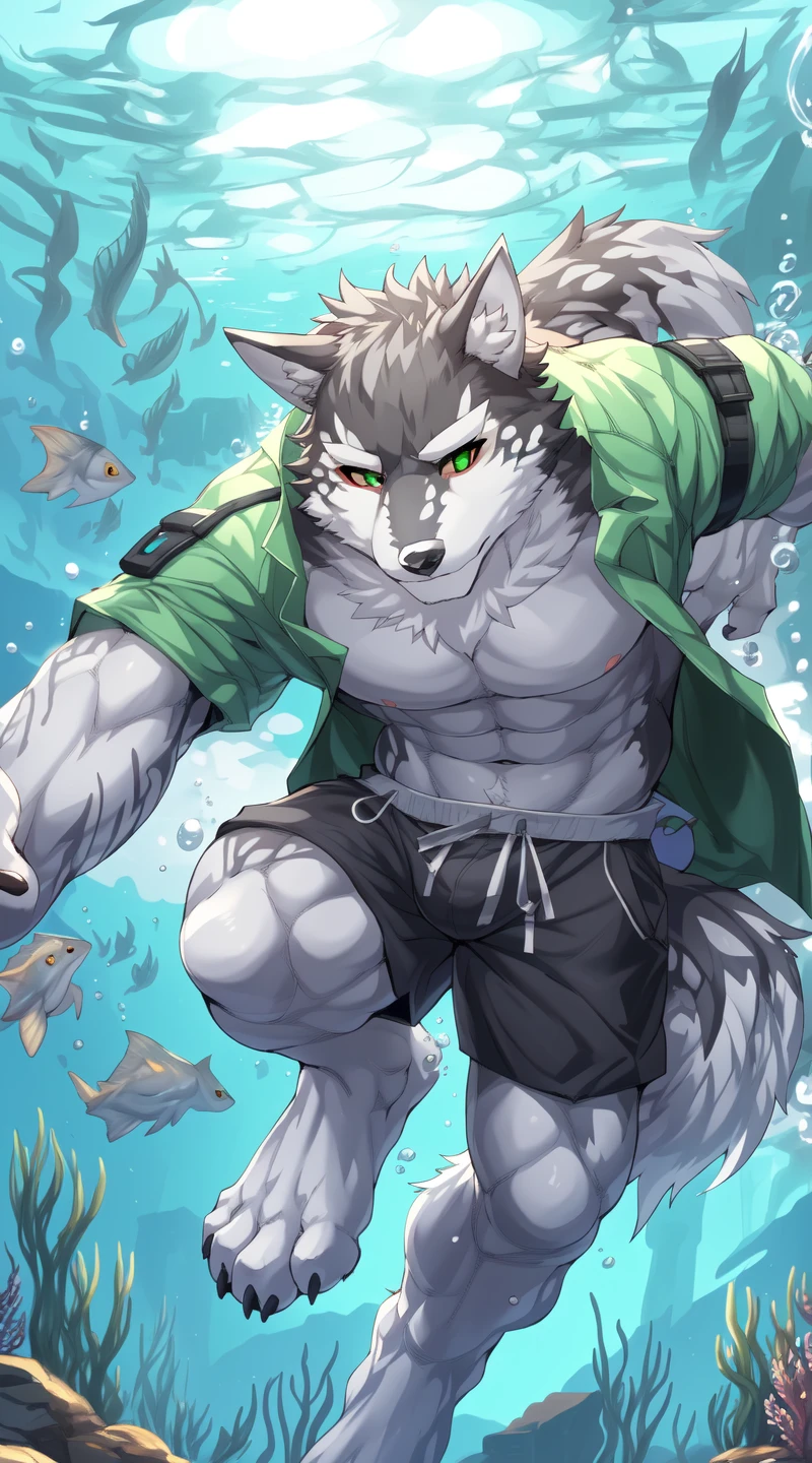 masterpiece, best quality, perfect anatomy, perfect lighting, 4k,
monomasa,
by kiyosan, by canyne khai, by kamyuelo, (by drks:0.3), (by Pino Daeni:0.8),
furry, wolf, husky, solo, male, green pupils, 
open shirt, swimming trunks, 
dynamic angle,
underwater, detailed background  <lora:monomasa2-000005:1>