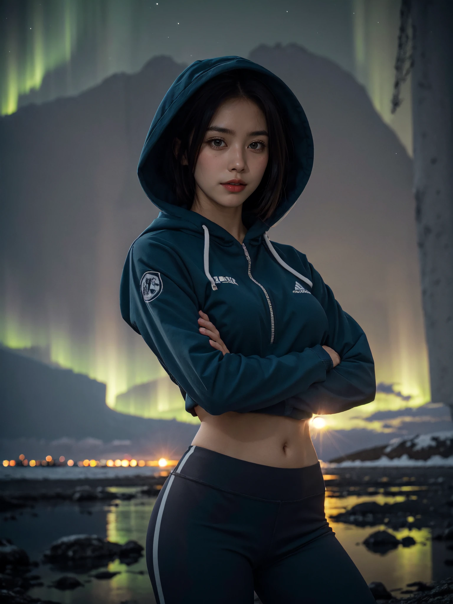 1girl, solo, upper body and pose, in the cave, stand in the water,
(night:1.2), Antarctic background,winter,Farmland,aurora,
(long, flowing hair and horsetail:1.1),
(short hooded jacket, yoga pants),
(Straight breasts:1.1),medium breasts,
(a 18 years old Village girl),best quality, 8K, HDR, highres, absurdres:1.2,sharp focus:1.3, ,Photography,RAW photo, photorealistic, masterpiece, best quality, ultra high res, super_detail, hyper_detail, finely_detailed,