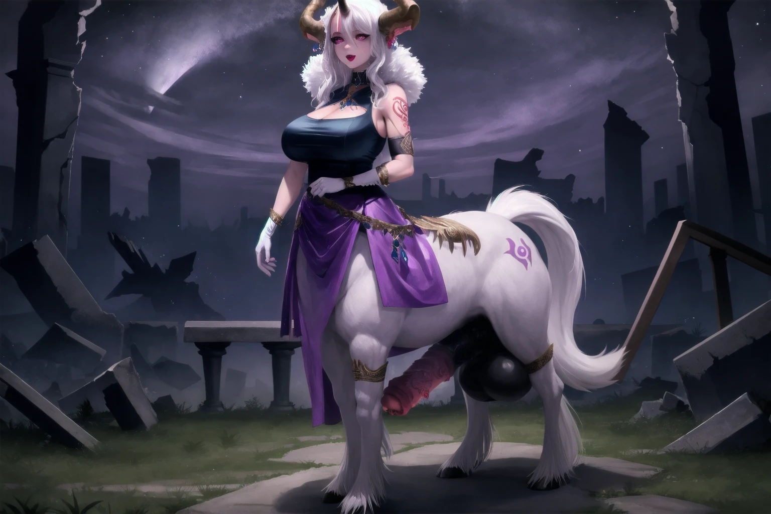 masterpiece, best quality, highly_detailed, illustration,
NSFW, night, ruins, tattoo:1.2),
CFFB, (ass,) looking back, (pussy),(anus),
centaur, (horse_penis), huge_penis, (white_fur), (white_hooves), horse_tail, succubus, horns, veiny_testicles, testicles, veins, taur, animal_penis,
1girl, solo, makeup, seductive smile, open mouth, glowing purple eyes, sexy, (huge breasts), long white hair, (jewelry:1.4),
(purple_elbow_gloves), (purple_dress),
<lyco:centaurfutav6_keep3_weightca:1.0>