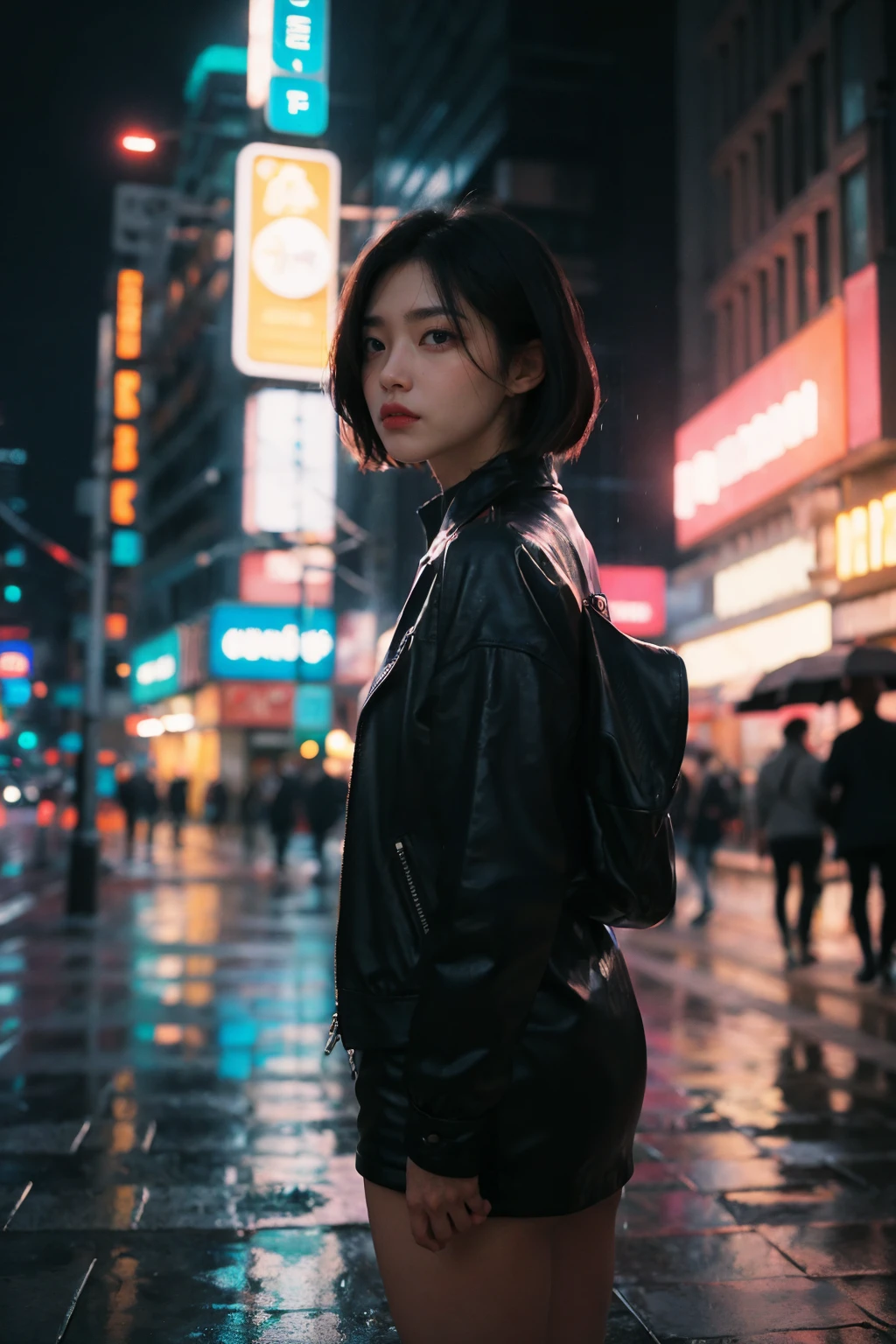 analog style| photograph of woman standing alone in the rain silhouetted by neon lights | Cyberpunk | Night City | Canon EF 50mm f/1.8 STM Lens | 2077 | realistic | hyperrealistic | raytracing | depth of field | full of color | cinematic | highly detailed | rim lighting