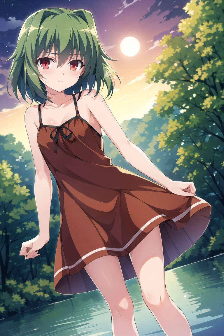 highres, promotionalart, green hair, red eyes, hair intakes, sundress, lake, trees, outdoors, night,