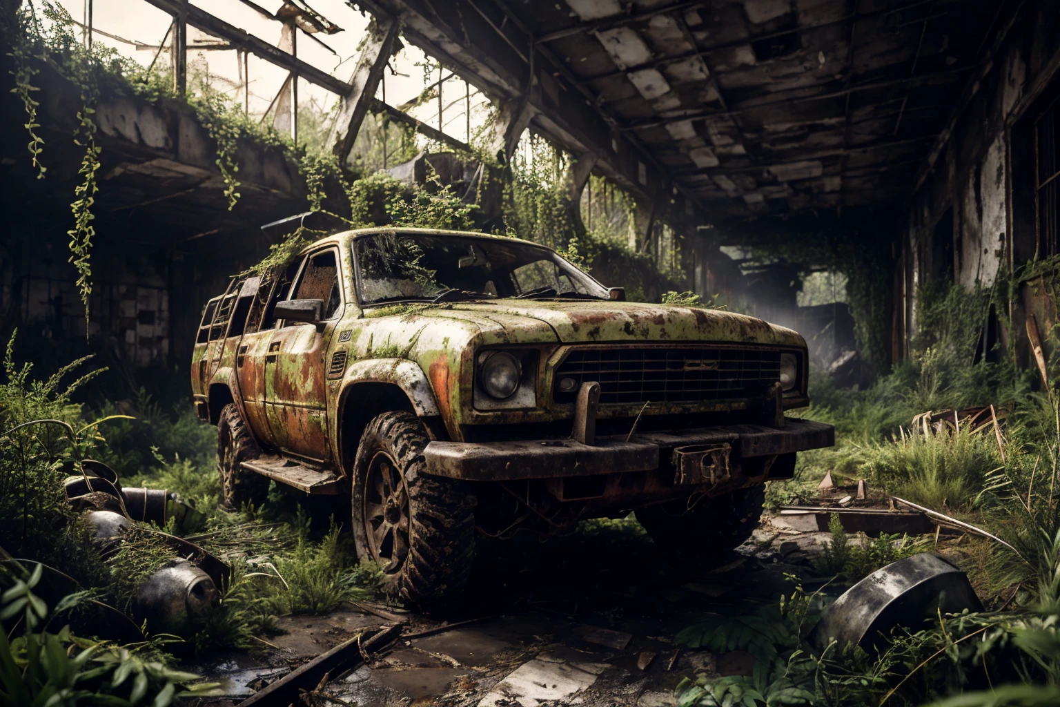 8k, realistic, vray, HDR, 6000K, overgrown, tank <lora:PostApocalyptic5-000007:0.6> SZ_4po enviroment
