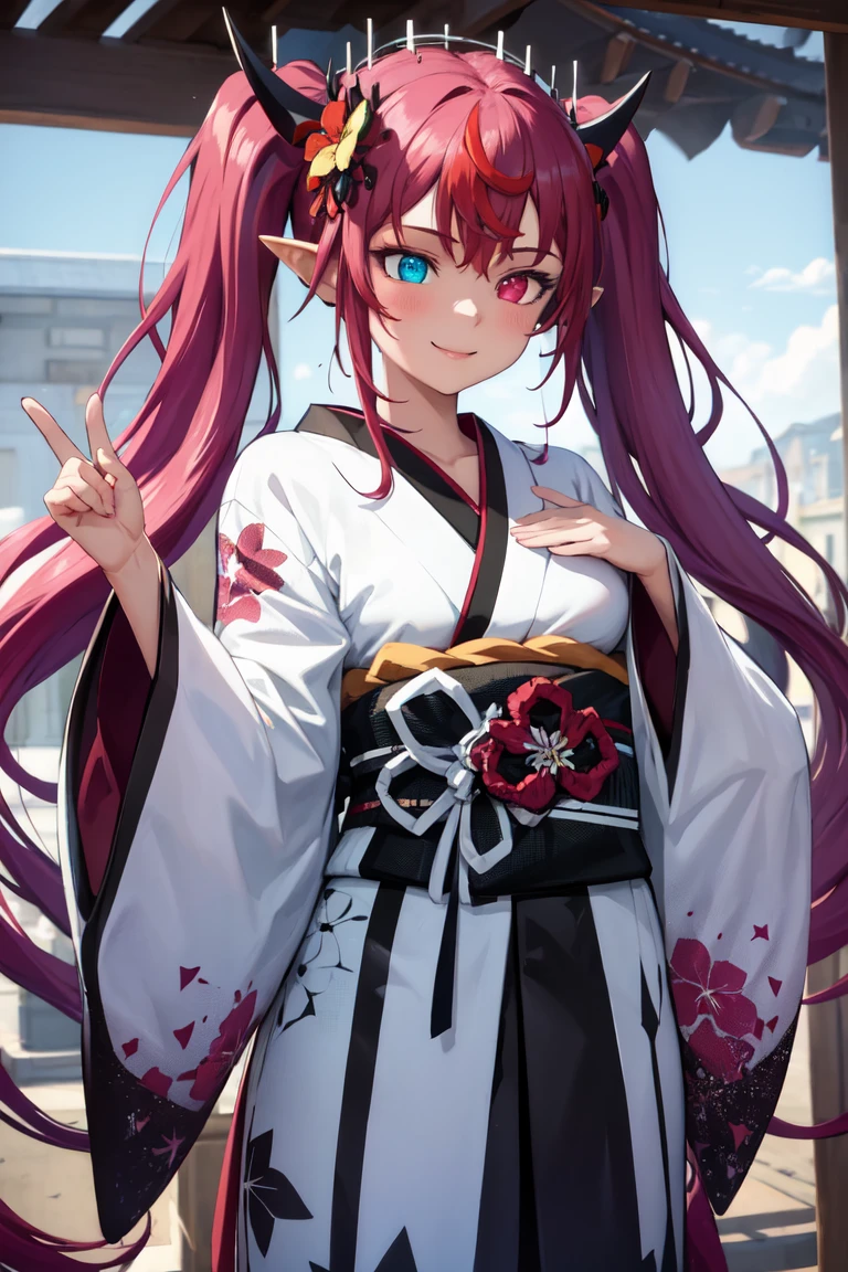 masterpiece, best quality, absurdres, perfect anatomy, 1girl, solo, IrysHolo, heterochromia, long hair, twintails, hair ornament, hair flower, wide sleeves, print kimono, obi, smile, <lora:Irys:1.0>