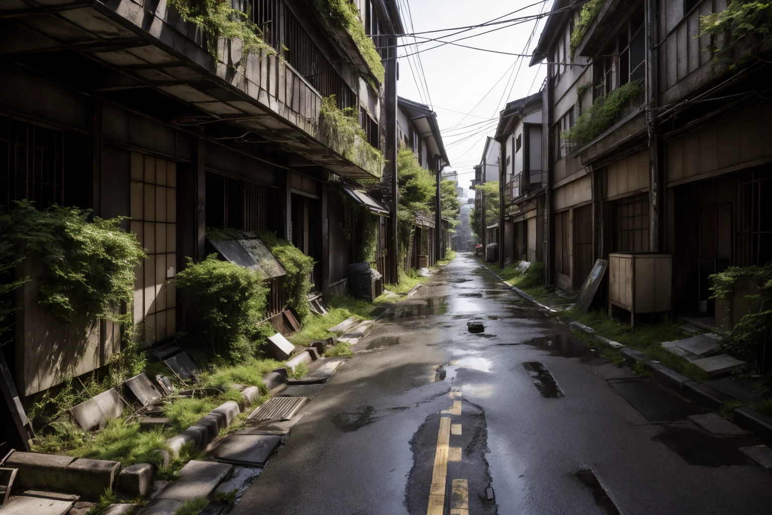 8k, realistic, vray, HDR,  6000K, tokyo, Yanaka, overgrown, no human <lora:PostApocalyptic5-000007:0.6> SZ_4po enviroment