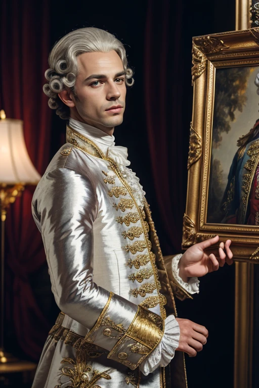 1man, photography, man wear frenchcourtsuit in palace, silver wig, golden, paintings, ornate, details, ornament, dim light, dawn, bokeh background, <lora:ARWCourtSuit:1> <lora:ARWBedroomGothic:0.6>