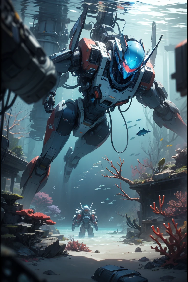 (blue:1.3),underwater,physically-based rendering,cinematic shot,best quality, [fish :robot:0.5] ,robot_mecha,scenery,shimmering coral,battlefield,debris,alien craft,lazers,