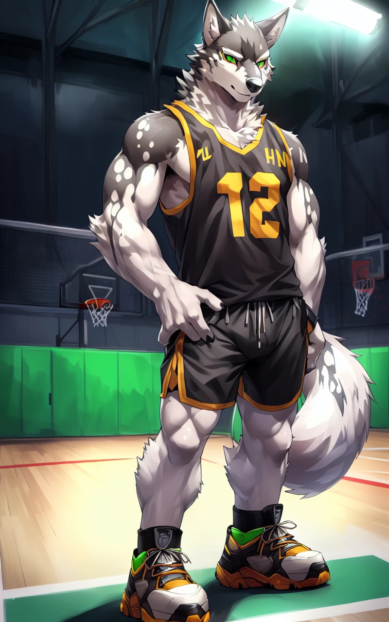 monomasa, masterpiece, best quality, 
by t.y.stars, by null-ghost, (by drks:0.3), (by Pino Daeni:0.8),
furry, male, wolf, husky, solo, green pupils,
jersey, shorts, basketball, sneakers, standing, full body
<lora:monomasa2-000005:1>