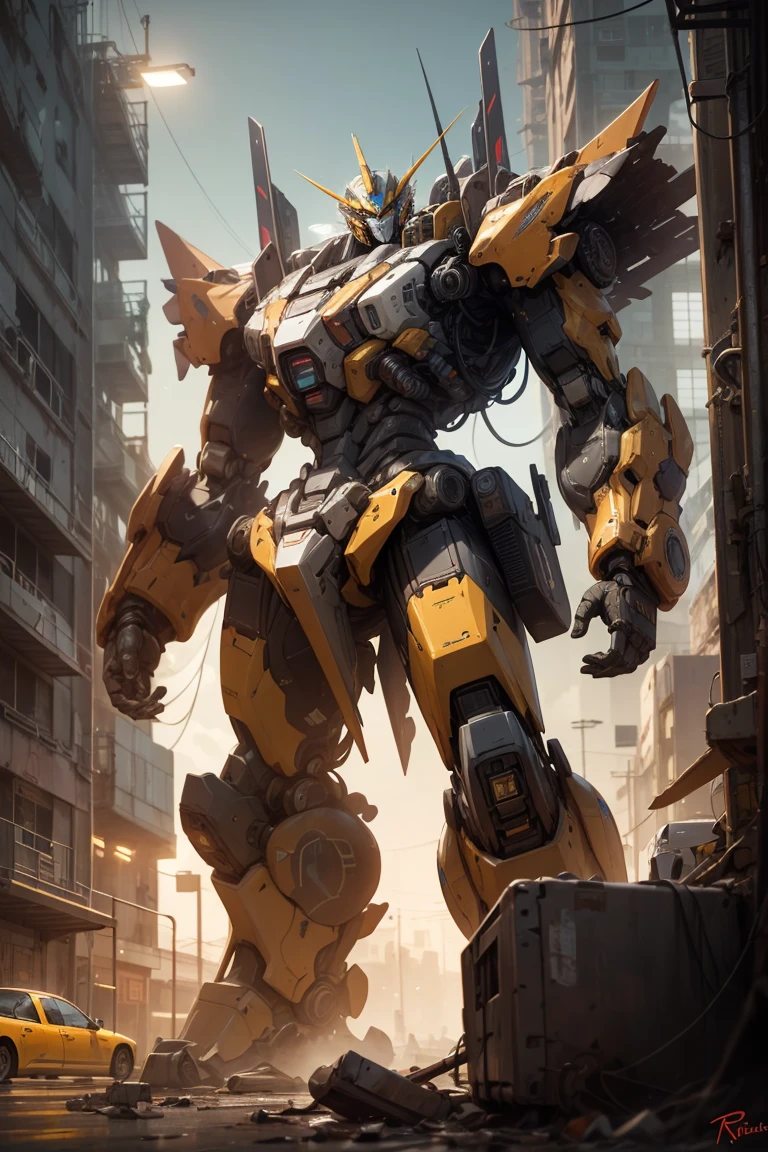best quality,masterpiece,realistic,sky,night,1man, yellow mecha_robot,relic scenes,cyberpunk,school of fish,(neon lights:0.7),rim lighting,transformers style