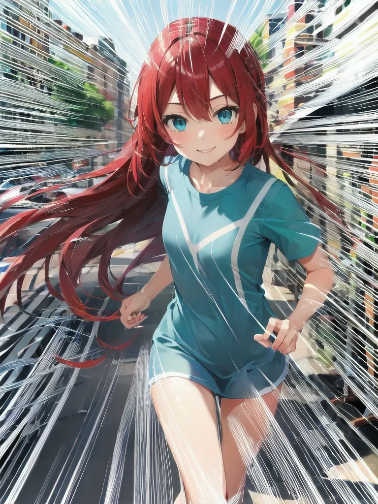 masterpiece,  
1girl, red hair, aqua eyes, smile, face,running, 
 <lora:Line_LoRA_white:1.1>emphasis lines