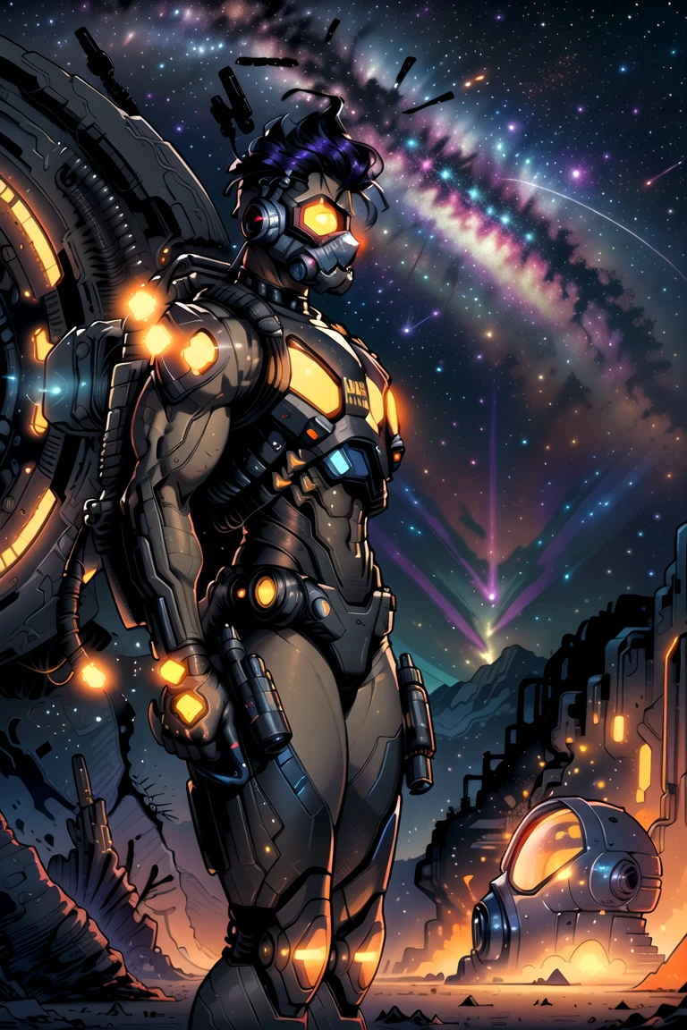 (scifi book cover art <lora:stylesqueeze_v2:1>), ((large title text)), a [cyborg terminator|shirtless] man, wearing a gas mask, in a desert, colorful hair, perfect face, (side view), nice thighs, night time, starry night, galaxies and cosmos, magic explosions in background, cool atmosphere, 8k, uhd, absurdres, prominent outline linework, flat colors