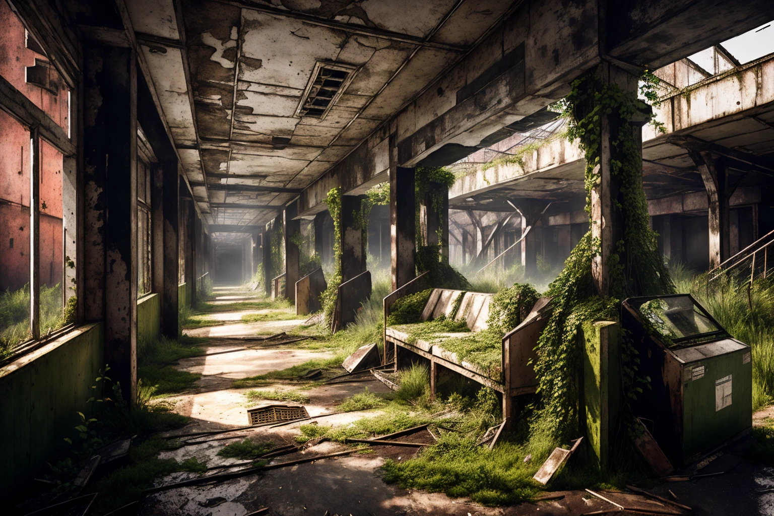 8k, realistic, vray, HDR, 6000K, overgrown, inside the supermarket, elavator <lora:PostApocalyptic5:0.6> SZ_4po enviroment