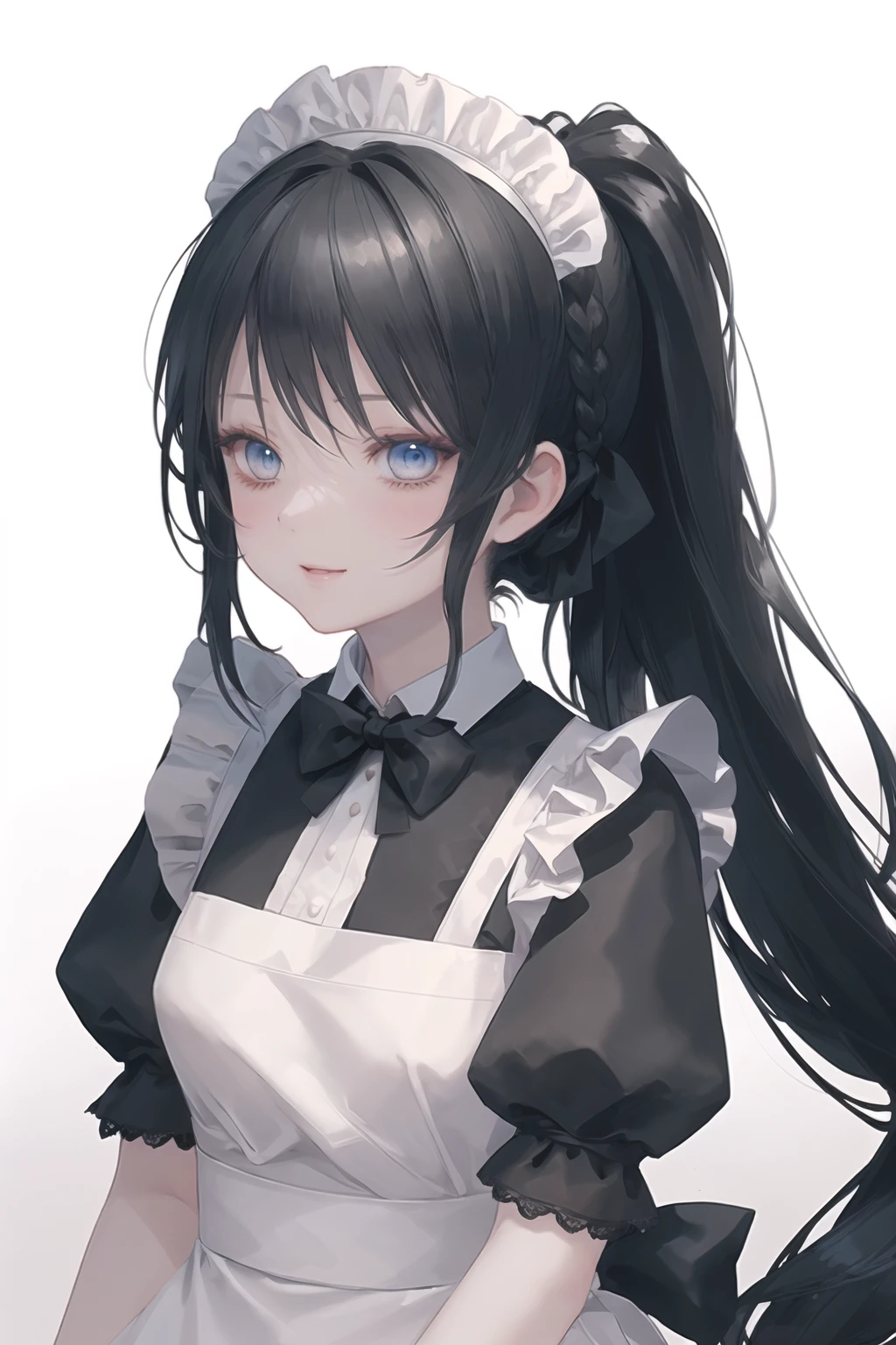 (masterpiece, best quality), <lyco:[LoHa]style-onineko v2:0.8>
style_onineko, quality_best, portrait, upper body, looking at viewer, looking to the side, 1girl, long hair, black hair, ponytail, maid headdress, bangs, blue eyes, blush, parted lips, light smile, black bowtie, maid, short sleeves, maid apron, v arms, white background