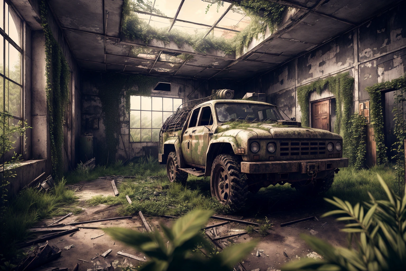 8k, realistic, vray, HDR, 6000K, overgrown, military base, inside the building, tank, gun <lora:PostApocalyptic5-000007:0.6> SZ_4po enviroment