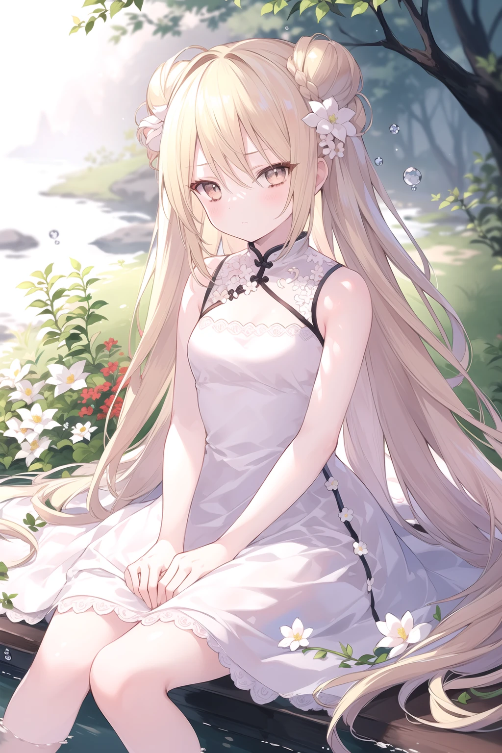 (masterpiece, best quality), <lyco:[LoHa]style-onineko v2:0.8>
style_onineko, quality_best, sitting, full body, depth of field, looking at viewer, 1girl, long hair, blonde hair, double bun, hair flower, white flower, brown eyes, bangs, blush, expressionless, closed mouth, china dress, white dress, own hands together, nature, water drop