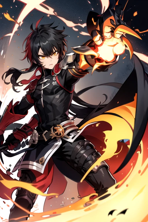 <lora:RavenV2-10:0.7> , ravenc, 1boy, solo, black hair, long hair, black shirt, single mechanical arm, mechanical arms, bird, crow , raven cronwell, fire, red hair, yellow eyes