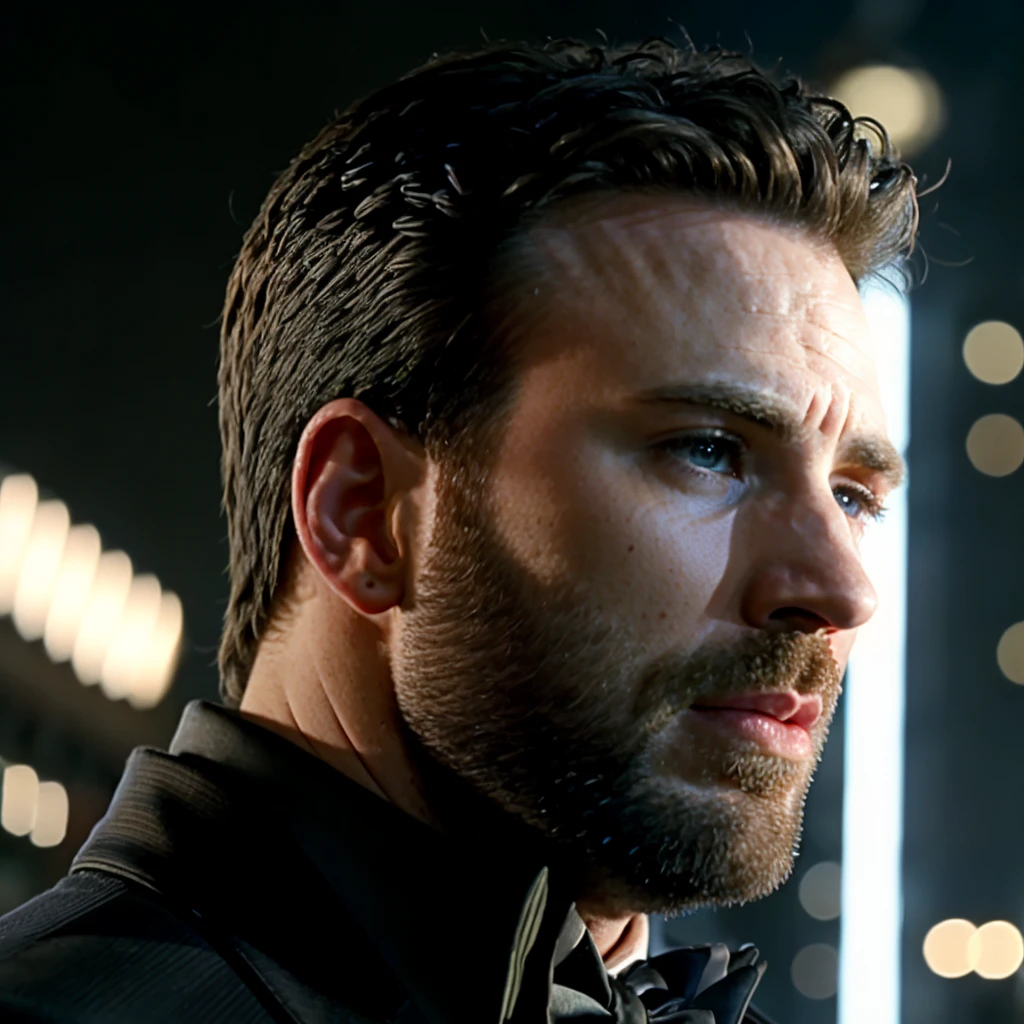 face portrait of chrisevans person using a tuxedo, in blade runner, professional photography, high resolution, 4k, detailed photo,  <lora:chrisevans_30760:1>
