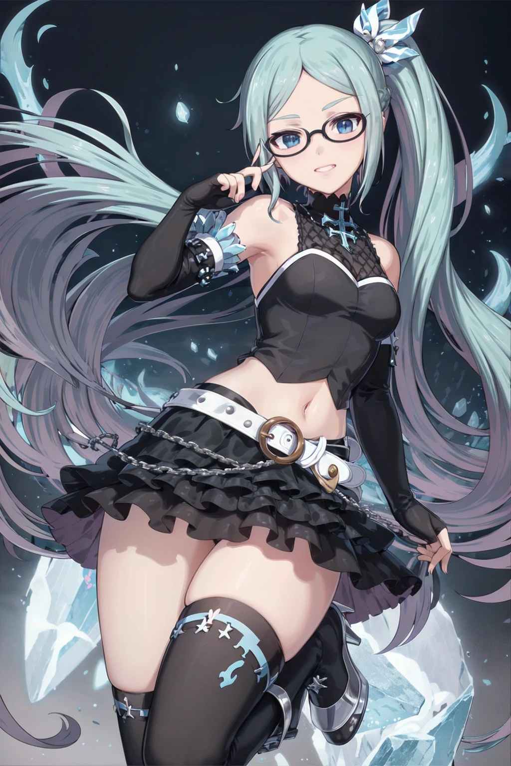 nsfw, absurdres, (blue flames:1.2), large ice rock, full body, ruins,
standing, adjusting eyewear, smug face,
solo, ririi, very long hair, side ponytail, fashion. black gloves, elbow gloves, fingerless gloves, black dress, bare shoulders, navel, black skirt, long skirt, frills, belt, high heels, chain, cross
<lyco:gomaotsu-lily-t2-000050:0.7>