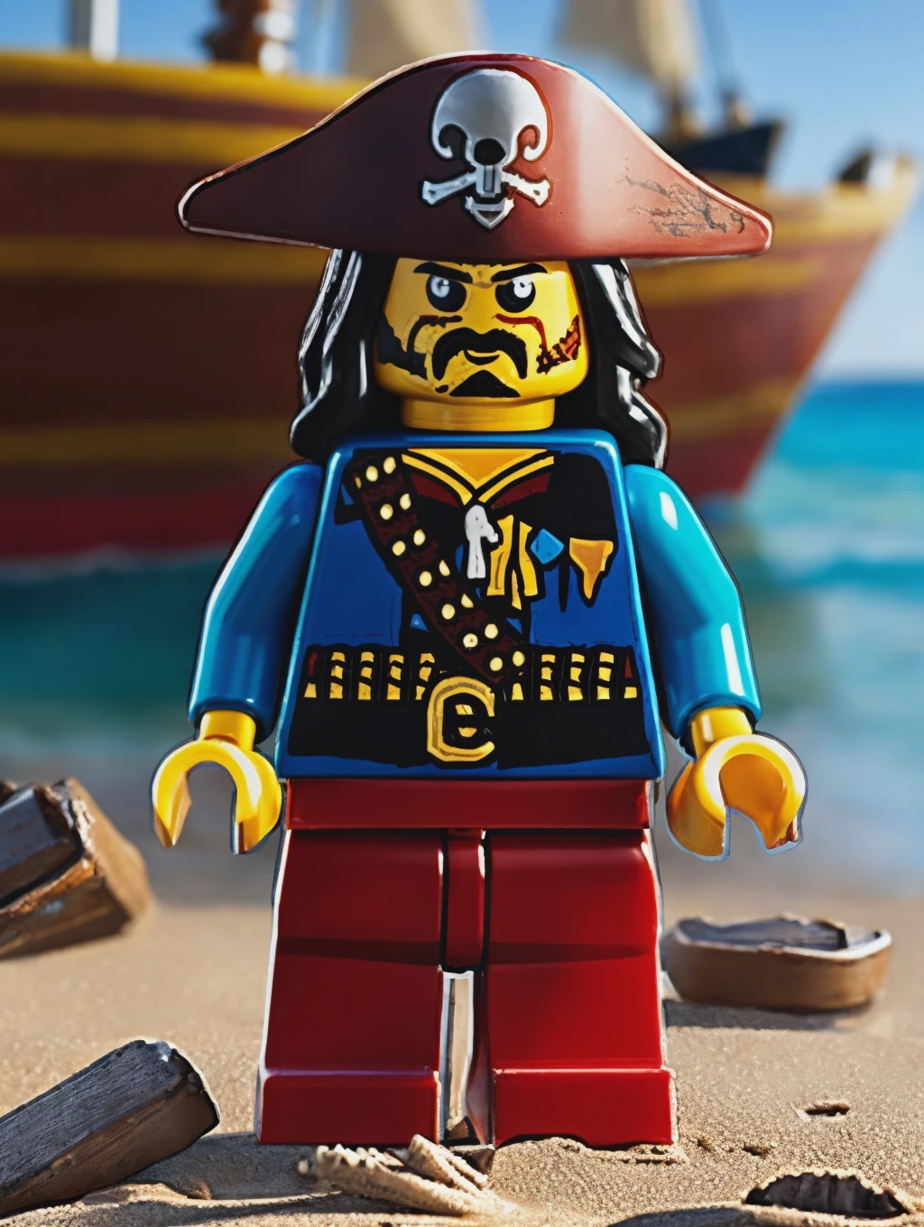 LEGO MiniFig, Jack Sparrow in the film of Pirates of the Caribbean, standing by a broken boat on beach <lora:lego_v2.0:0.8>, masterpiece, high detail, 8k, high detailed skin, 8k uhd, high quality