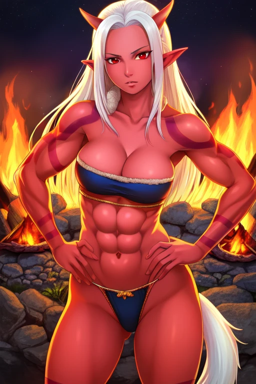 Ogre,horns, pink skin with red tattoo, pointy ears, long white hair, pony tail, bangs, tail above buttocks, red eyes,
muscular,
tube top, underwear, fur trim,
standing, campfire, nighttime, upper body, hands on hips,
(insanely detailed, beautiful detailed face, masterpiece, best quality),
<lora:Ogre:0.7> realistic,