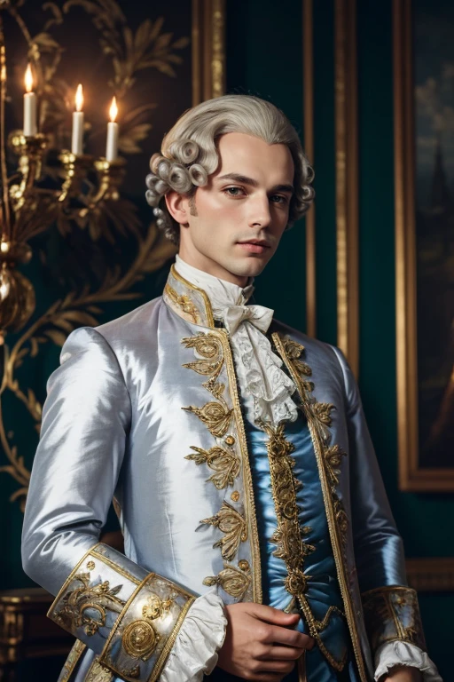 1man, photography, man wear frenchcourtsuit  in palace, silver wig, pastel, blue satin, golden, paintings, ornate, details, ornament, dim light, dawn, bokeh background, <lora:ARWCourtSuit:1> <lora:ARWBedroomGothic:0.6>