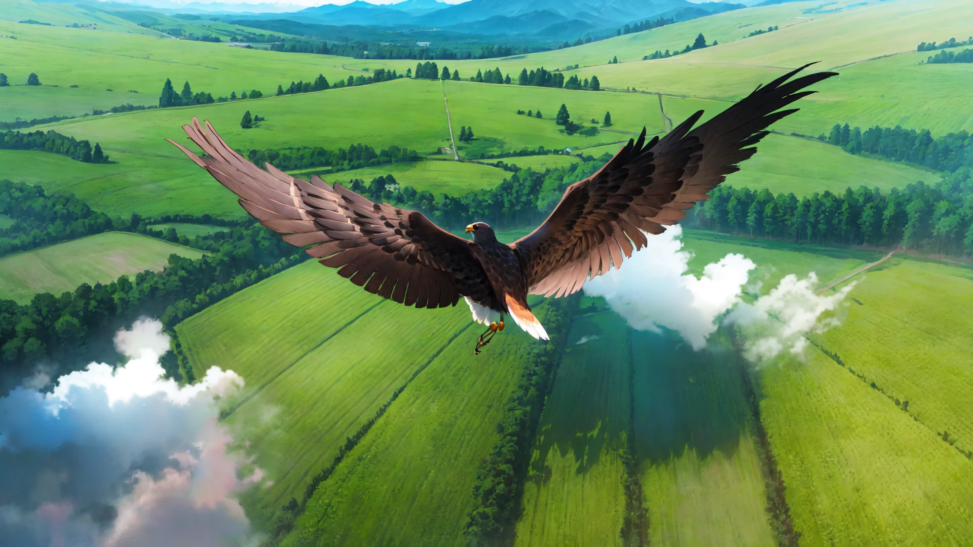bird view, best quality, amazing intricate, (no humans:1.2), flying hawk, (spread your wings straight:1.2), (gliding, center, from behind:1.4), (high altitude:1.3), (vast nature, meadow, mountain, liver, forest:1.3), sky, <lora:flatBG:-0.5>