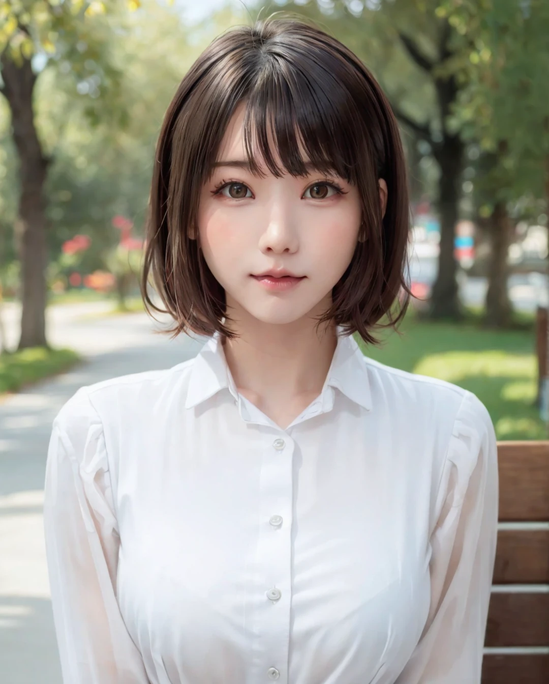 pureerosface_v1, best quality, photorealistic, 8k, high res, full color, 1girl, woman, 20 years old woman, (closed mouth:1.73), (skindentation), (portrait:0.6), trees, park bench, daylight, ((park background:1.52)), full color, ((whitebuttonedshirt:1.58)), looking at viewer:1.8, (1girl eyes looking at viewer:1.55), (medium hair, brownhair, partedbangs:1.45), (bokeh), <lora:AAG-enako:0.78>