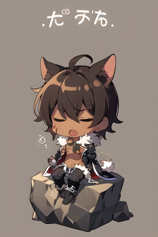 <lora:RavenV2-10:0.7> , ravenc, solo, open mouth, brown hair, gloves, 1boy, animal ears, hair between eyes, sitting, jacket, full body, closed eyes, male focus, fang, pants, dark skin, chibi, fur trim, scar, black pants, dark-skinned male, scar on face, kemonomimi mode, scar on chest