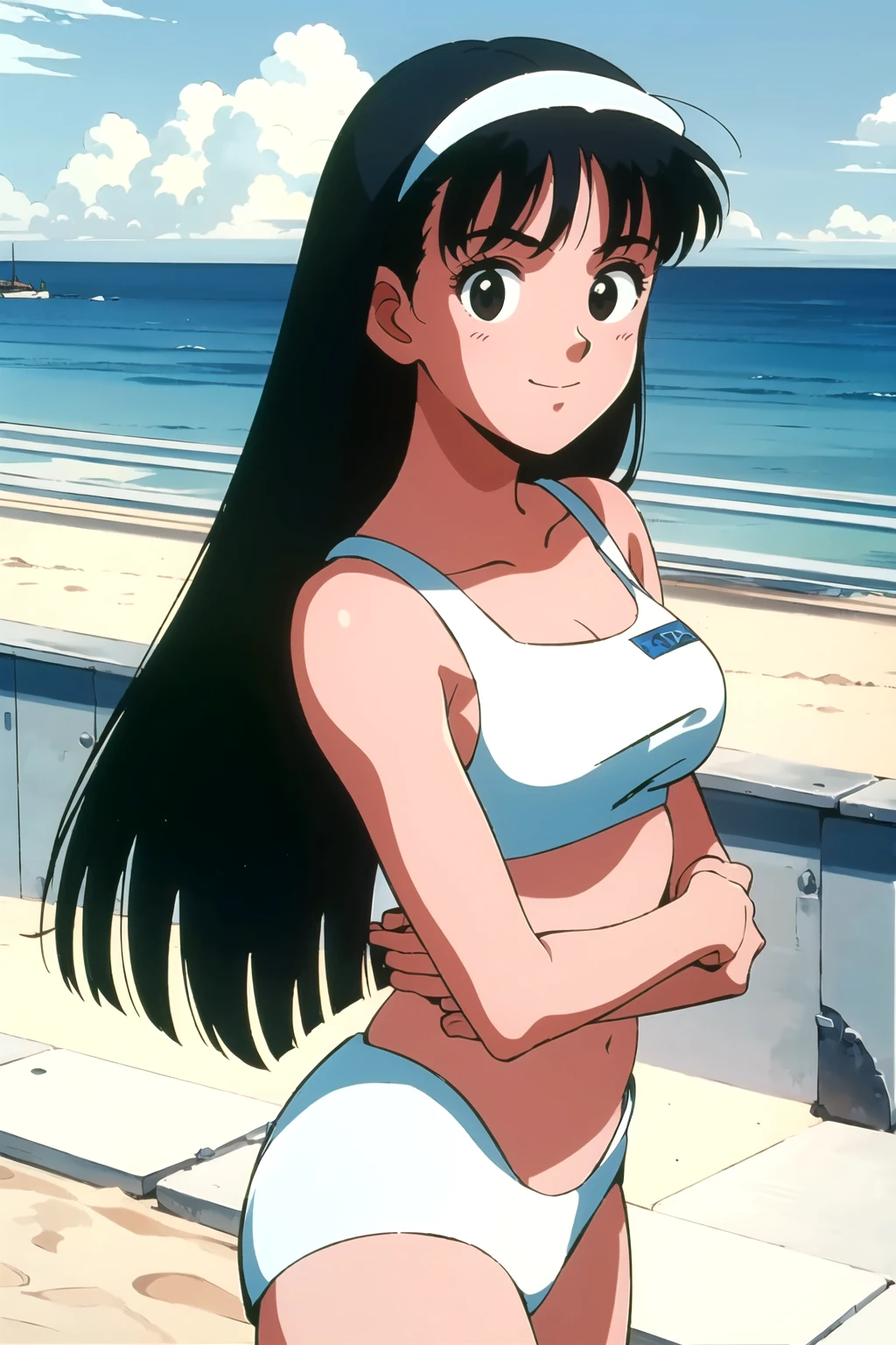 1girl, solo, haruko, long hair, black hair, black eyes, bikini, beach, loose waves, seaside, blue sky, sunny, beautiful, smile,looking at viewer, retro artstyle, 1990s \(style\), (masterpiece, best quality:1.5), extremely detailed, high resolution, 8k, uhd, <lora:hrkrjnz:0.7>