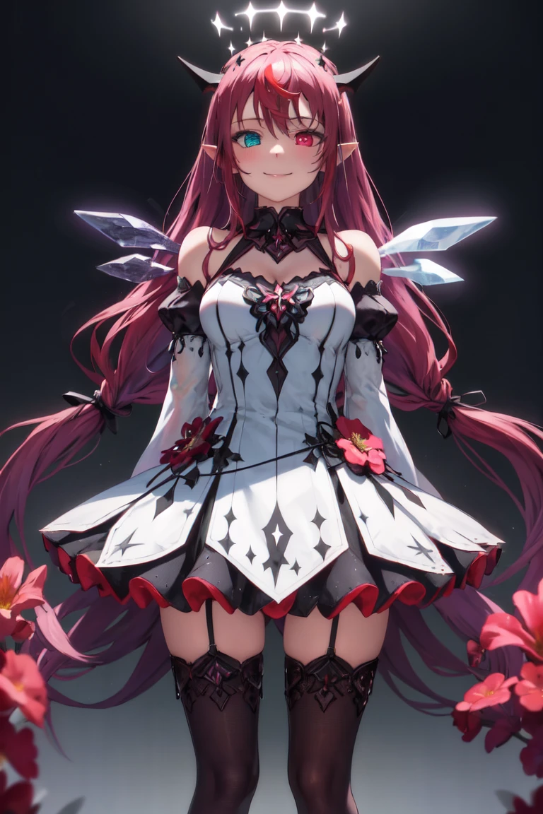 masterpiece, best quality, absurdres, perfect anatomy, 1girl, solo, IrysBase, heterochromia, long hair, white dress, thighhighs, bare shoulders, white dress, flower, detached sleeves, halo, detached wings, standing, smile, arms behind back, <lora:Irys:0.9>