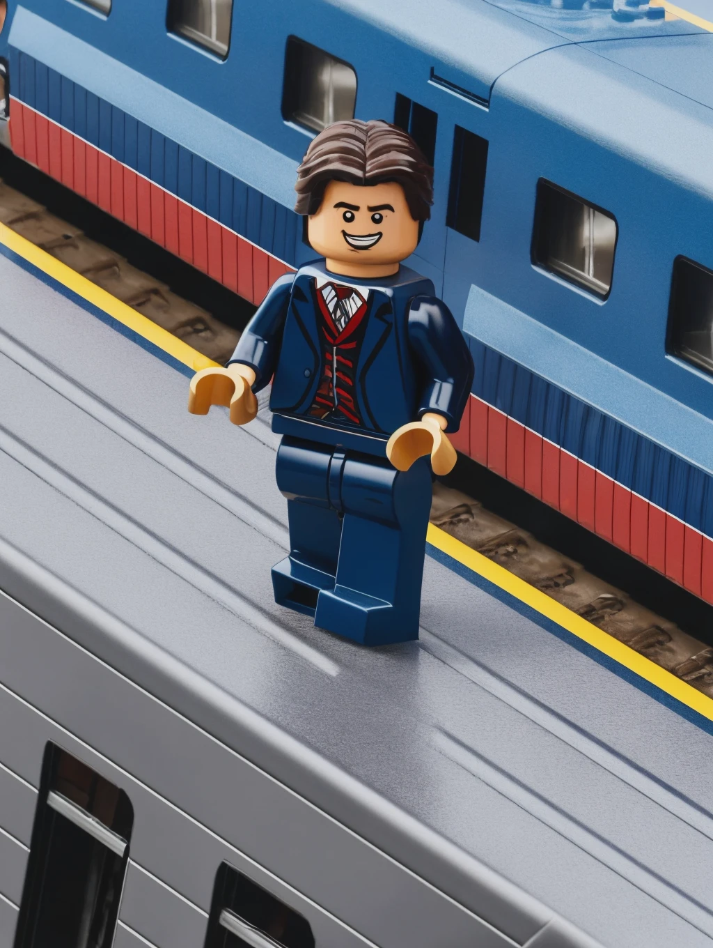 LEGO MiniFig, bird-view of tom cruise in blue suit standing ((on the top of a train)) <lora:lego_v2.0:0.8>, masterpiece, high detail, 8k, high detailed skin, 8k uhd, high quality