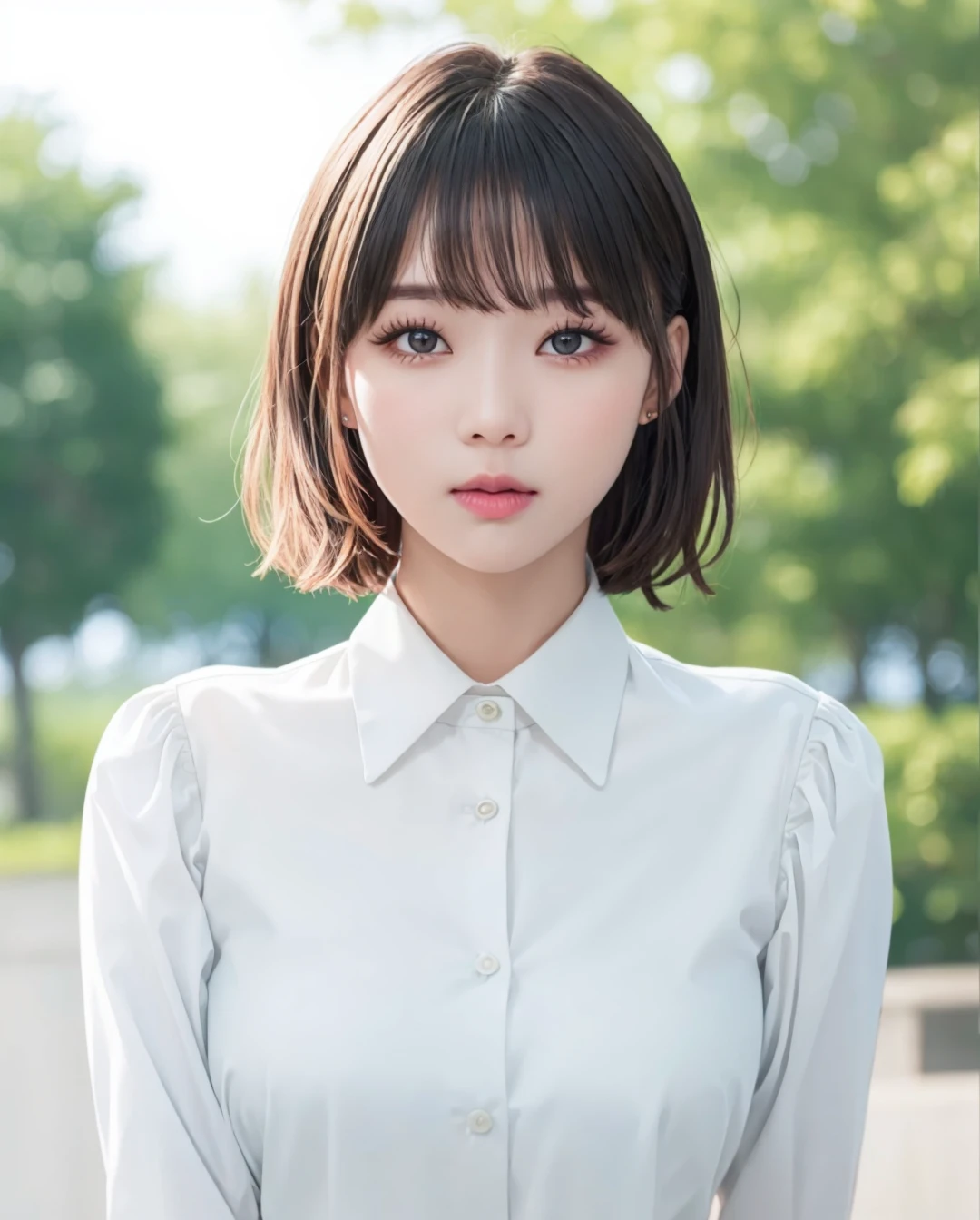 pureerosface_v1, best quality, photorealistic, 8k, high res, full color, 1girl, woman, 20 years old woman, (closed mouth:1.43), (skindentation), (portrait:0.6), trees, park bench, daylight, ((park background:1.52)), full color, ((whitebuttonedshirt:1.58)), looking at viewer:1.8, (1girl eyes looking at viewer:1.55), (medium hair, brownhair, partedbangs:1.45), (bokeh), <lora:AAW-winter:0.65>