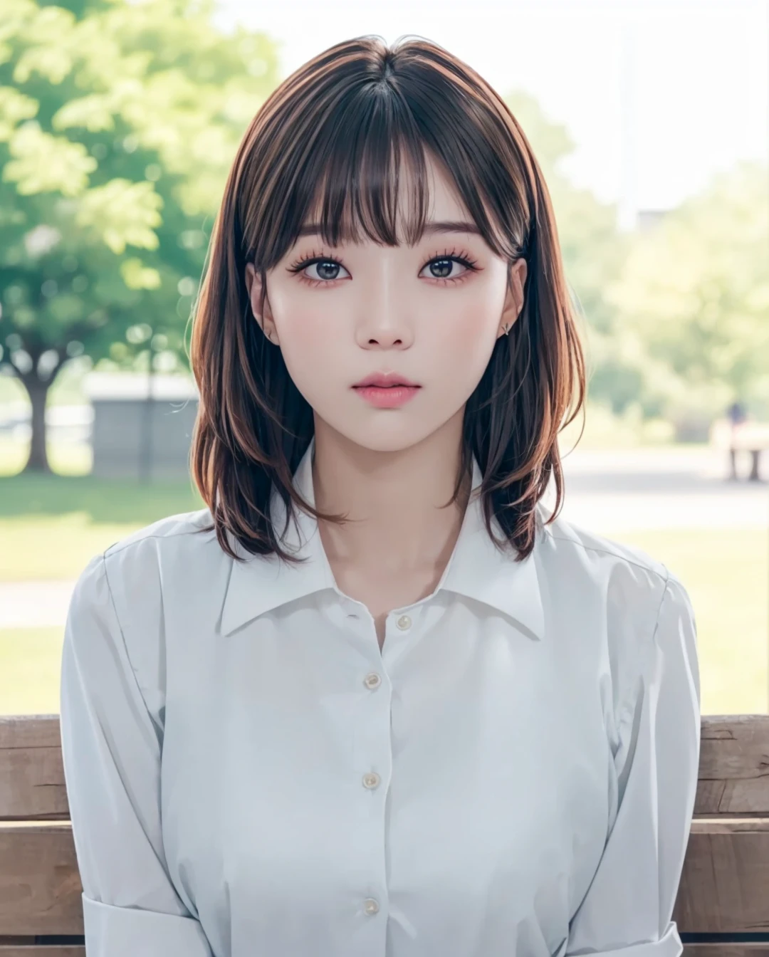 pureerosface_v1, best quality, photorealistic, 8k, high res, full color, 1girl, woman, 20 years old woman, (closed mouth:1.43), (skindentation), (portrait:0.6), trees, park bench, daylight, ((park background:1.52)), full color, ((whitebuttonedshirt:1.58)), looking at viewer:1.8, (1girl eyes looking at viewer:1.55), (medium hair, brownhair, partedbangs:1.85), (bokeh), <lora:AAW-winter:0.65>