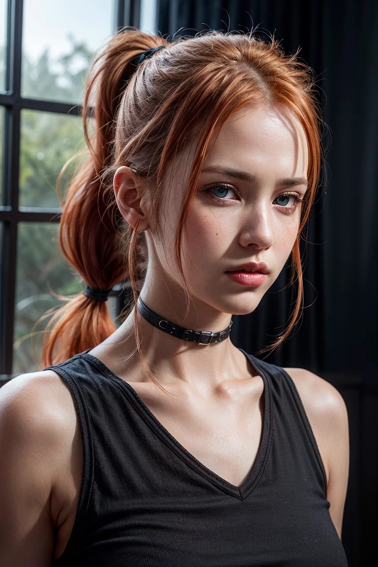 <lora:detailer:1> ,(8k, RAW photo, highest quality),(epic realistic:1.5), a girl, dynamic posture,erotic face,(see-through:0.4) black shirt,choker,(detailed eyes:0.8),(looking at the camera:1.4), (highest quality), (best shadow),intricate details,cinematic,((skin:1.4)),interior, (long ponytail ginger hair:1.3),dark studio,(hdr:1.5),detailed, muted colors, (freckles:0.6)