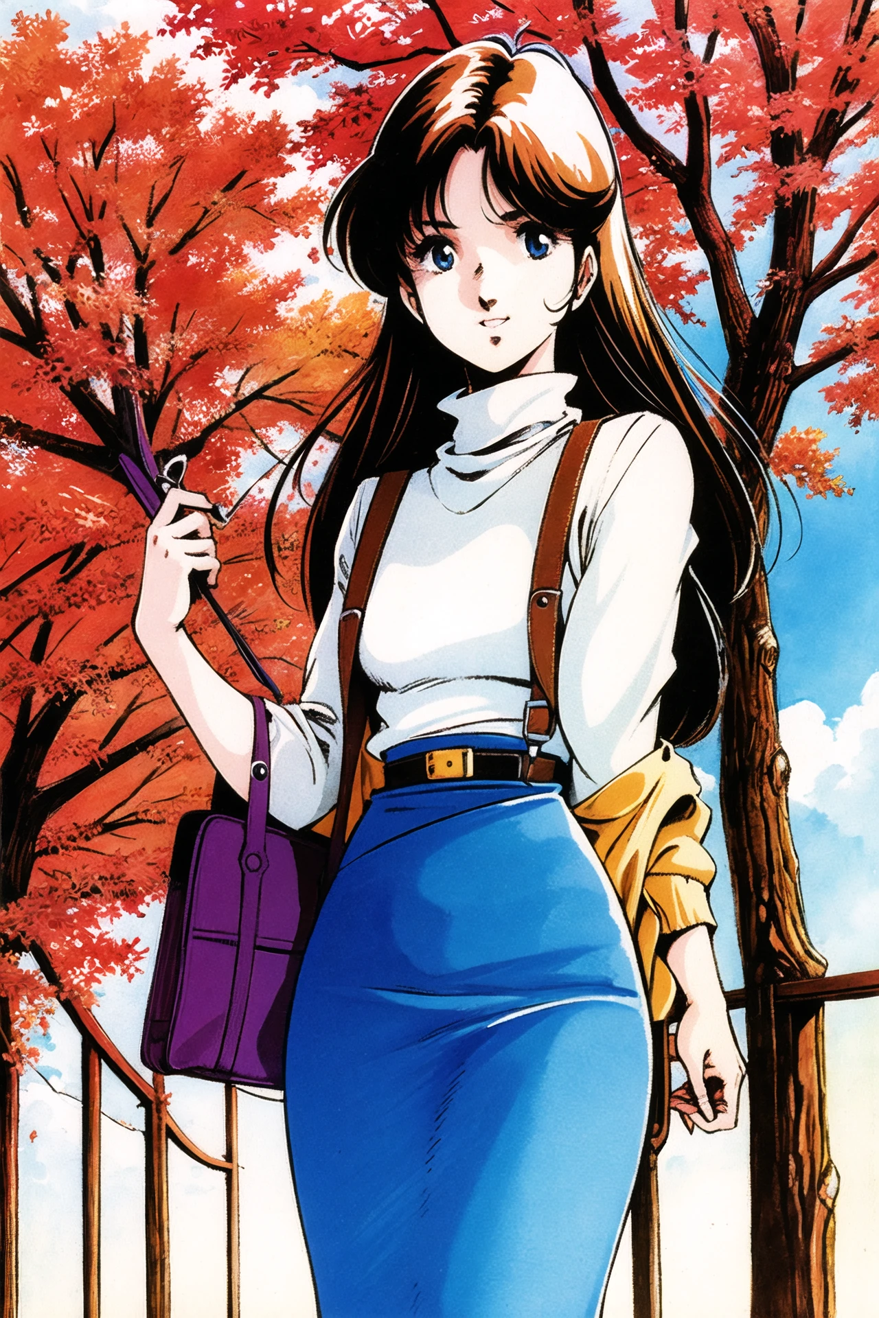 1girl, solo, skirt, brown hair, bag, jacket, handbag, blue eyes, tree, belt, retro artstyle, sky, cloud, long hair, traditional media, pencil skirt, turtleneck, <lora:msbqy:0.8>