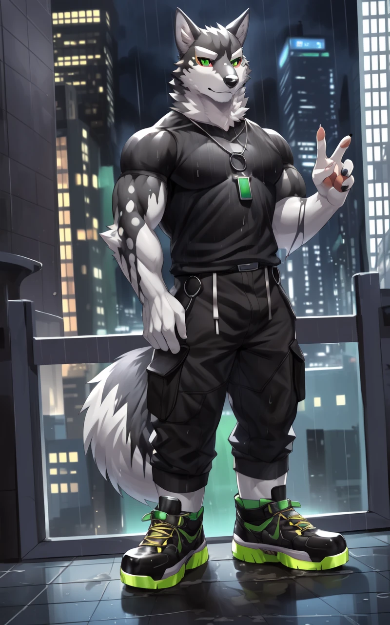 masterpiece, best quality, absurd res, ultra detailed, perfect anatomy,
monomasa, 
by canyne khai, by t.y.stars, (by drks:0.28), (by Pino Daeni:0.8),
furry, muscular male, wolf, husky, solo, green pupils, sneakers, 
wet fur, wet clothing, upper body, hood up, necklace, pendant, raised hand, 
(rain:1.2), cloudy, cityscape, <lora:monomasa2-000005:1>