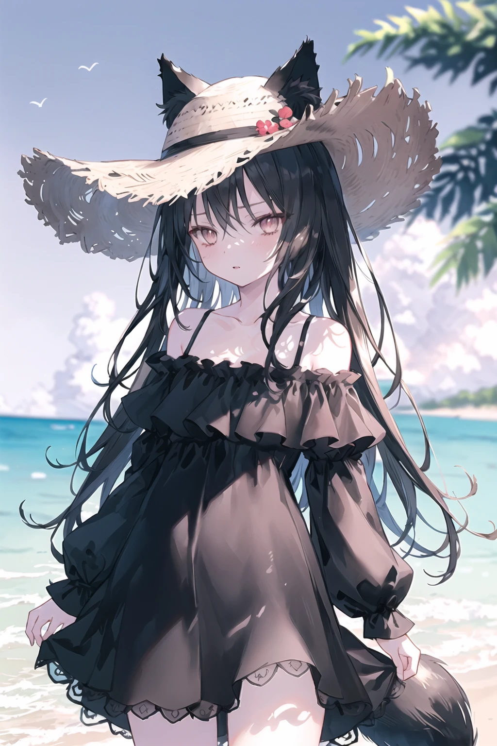 (masterpiece, best quality), <lyco:[LoHa]style-onineko v2:0.8>
style_onineko, quality_best, cowboy shot, depth of field, looking at viewer, 1girl, long hair, black hair, wolf ears, straw hat, ears through headwear, brown eyes, slit pupils, blush, parted lips, off-shoulder dress, black dress, skirt hold, wolf tail, outdoors, ocean