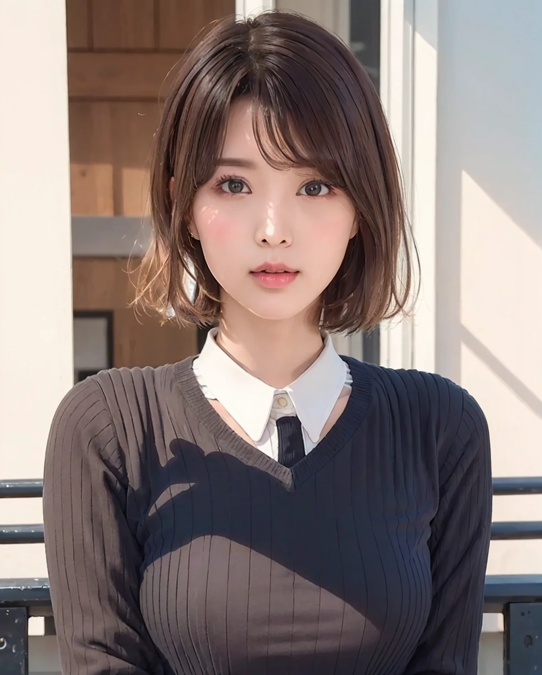 pureerosface_v1, best quality, photorealistic, 8k, high res, full color, 1girl, woman, 20 years old woman, (closed mouth:1.83), (skindentation), (portrait:0.6), trees, park bench, daylight, ((park background:1.52)), full color, ((whitebuttonedshirt:1.58)), looking at viewer:1.8, (1girl eyes looking at viewer:1.55), (medium hair, brownhair, partedbangs:1.85), (bokeh), <lora:AAV-tsukasa:0.75>