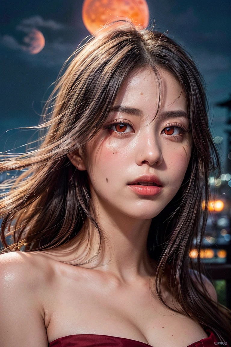 <lora:detailer:1> ,dynamic pose, close-up,balcony,(castle:1.2),(mystical sky,city light,dark sky,moonlit night,huge full red moon:1.6),dressed, flirting on camera,(photo realistic:1.4), (hyper realistic:1.4), (realistic:1.3),(smoother lighting, muted color:1.05), (increase cinematic lighting quality:0.9), 1girl,(20yo japanese girl:1.2), long hair, realistic lighting, backlighting, (blue light on face:1.2), (brightening light:1.2), (Increase quality:1.4),(best quality real texture skin:1.4), (finely detailed eyes:1.2),(red eyes:1.7), (finely detailed face, (face close-up):1.5), (bare shoulders dress:1.4),(Increase body line mood:1.1), (Increase skin texture beauty:1.1),(masterpiece,best quality,beautiful,cute:1.5)