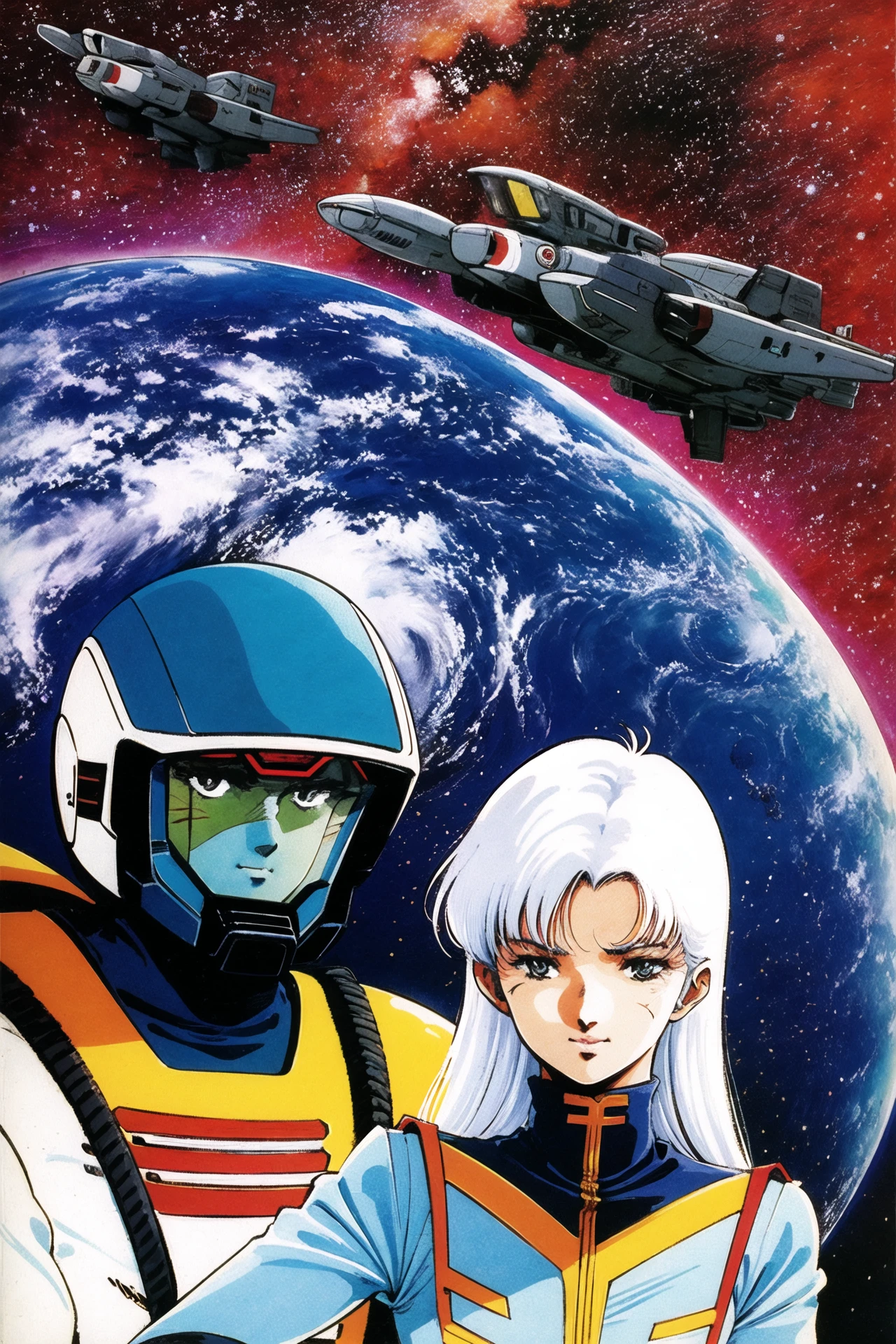 1girl, planet, retro artstyle, science fiction, space, scar, spacecraft, pilot suit, mecha, robot, spacesuit, white hair, alien, 1980s (style), earth (planet), traditional media, 1boy, uniform, long hair, blue hair, military, <lora:msbqy:0.8>
