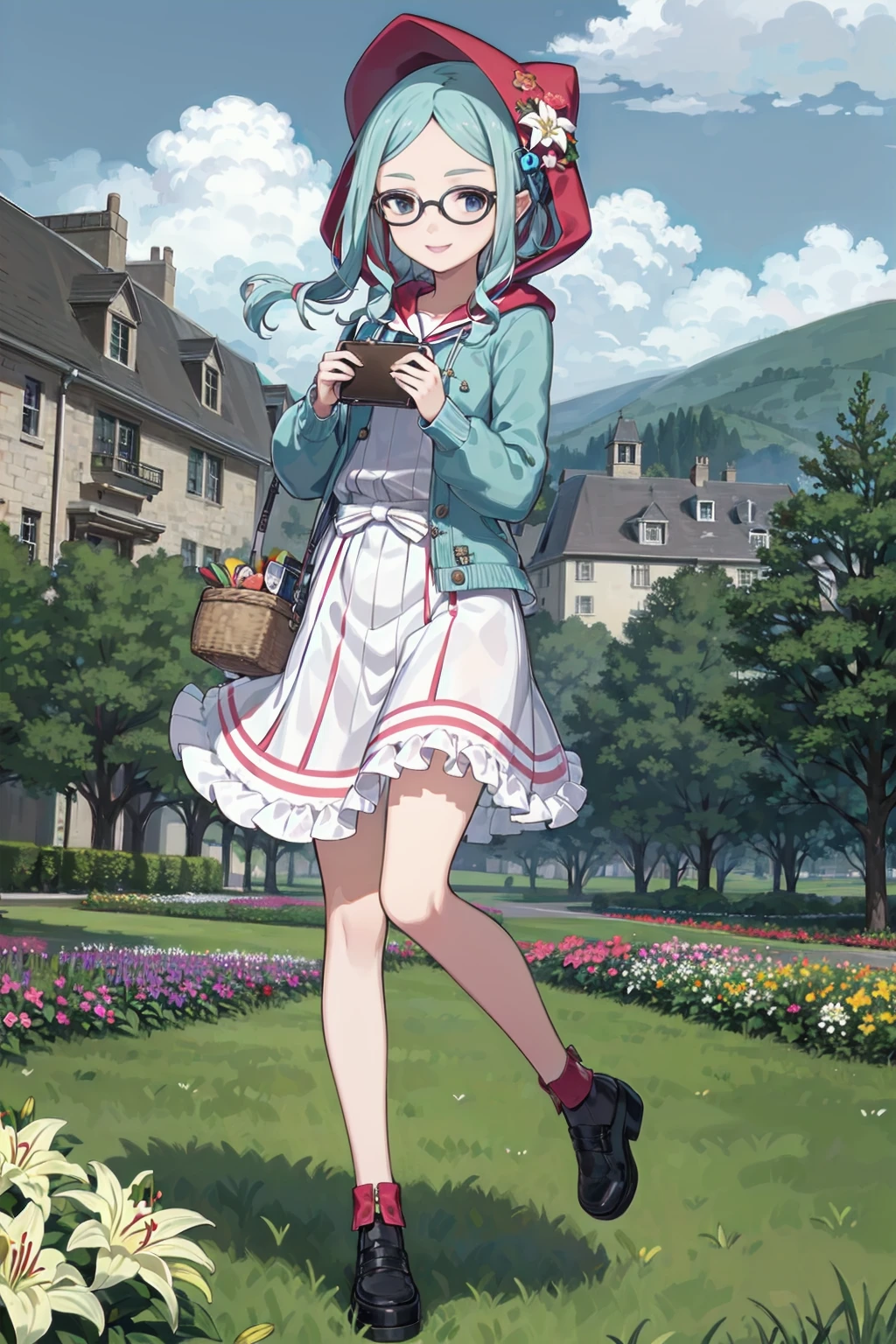masterpiece, absurdres, highland, mountain, sky, flower garden, lily \(flower\), wind, full body, landscape
standing, holding lunchbox, basket, smile, action
ririi, hood, quilted clothes,
<lyco:gomaotsu-lily-t2-000050:0.7>