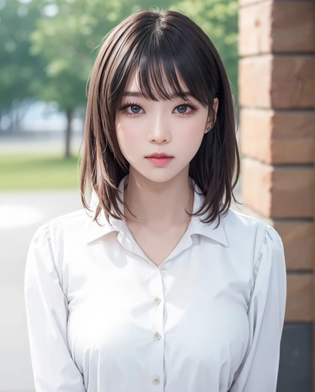 pureerosface_v1, best quality, photorealistic, 8k, high res, full color, 1girl, woman, 20 years old woman, (closed mouth:1.43), (skindentation), (portrait:0.6), trees, park bench, daylight, ((park background:1.52)), full color, ((whitebuttonedshirt:1.58)), looking at viewer:1.8, (1girl eyes looking at viewer:1.55), (medium hair, brownhair, partedbangs:1.45), (bokeh), <lora:AAW-winter:0.65>
