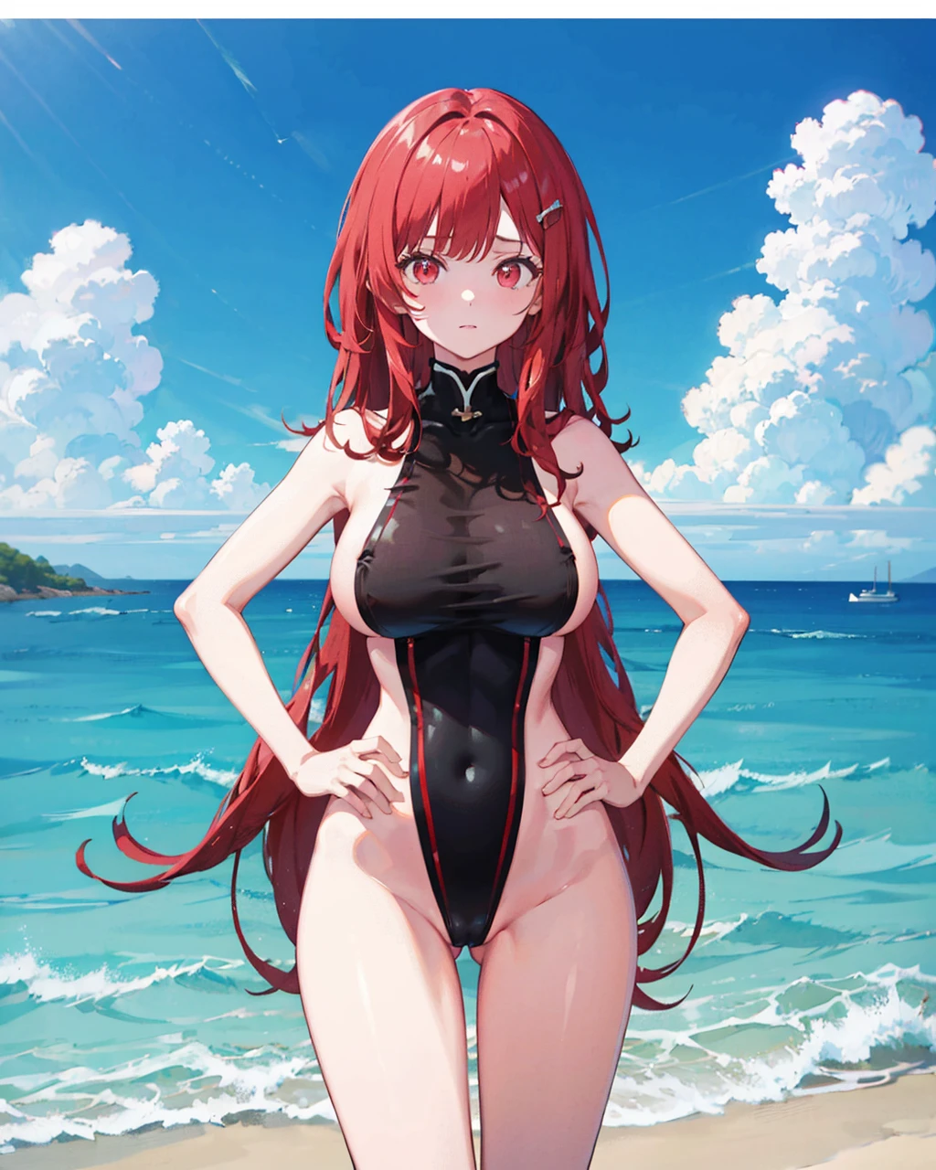 1girl,solo,large breasts, red hair,red eyes,
black leotard,bare legs, bare arms, 
 <lora:SidelessLeotard:1>,
standing,hand on hip, seaside,blue sky, no_panties,