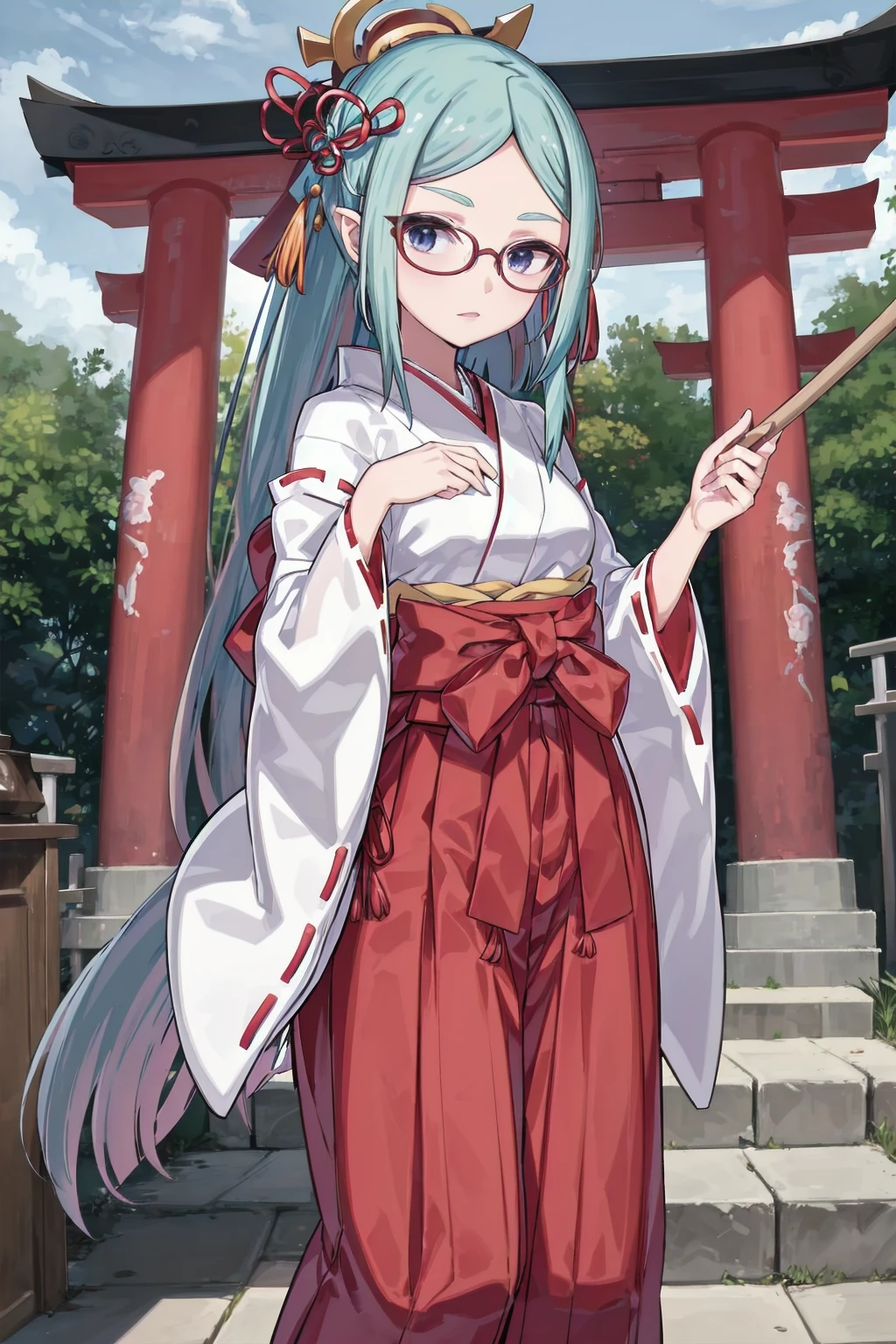 absurdres, japanes shrine, stones, torii,
standing, holding broom,
ririi, hair ornament, long hair, japanese_clothes, wide_sleeves, red_ribbon, ribbon_trim, red hakama, hakama skirt, ribbon-trimmed_sleeves, white_kimono, miko
<lyco:gomaotsu-lily-t2-000050:0.7>