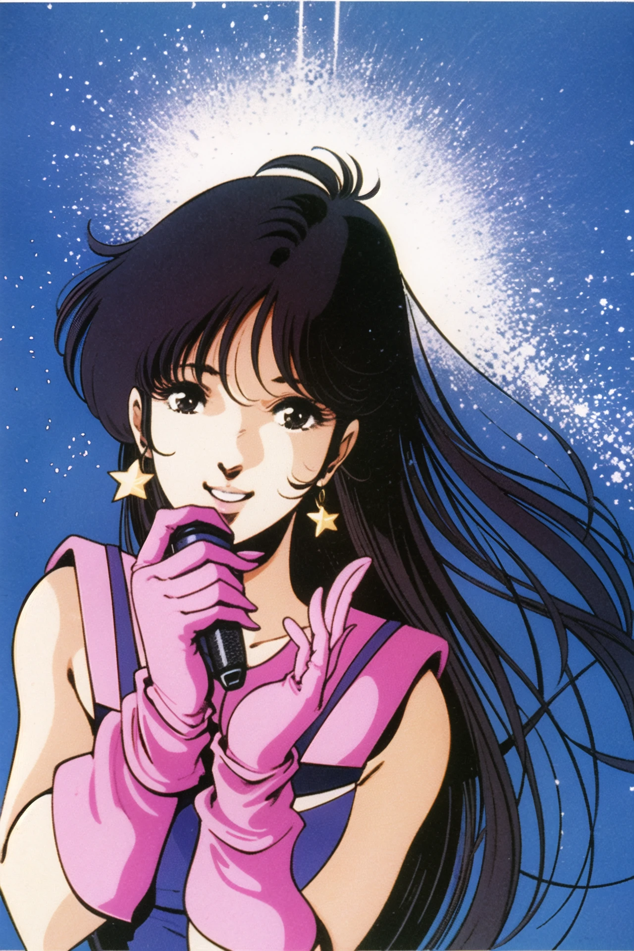 1girl, solo, long hair, black hair, microphone, gloves, jewelry, earrings, retro artstyle, 1980s (style), holding, space, black eyes, looking at viewer, holding microphone,  smile, blue background, upper body, star (symbol), pink gloves,  star (sky), very long hair, <lora:msbqy-000015:0.8>