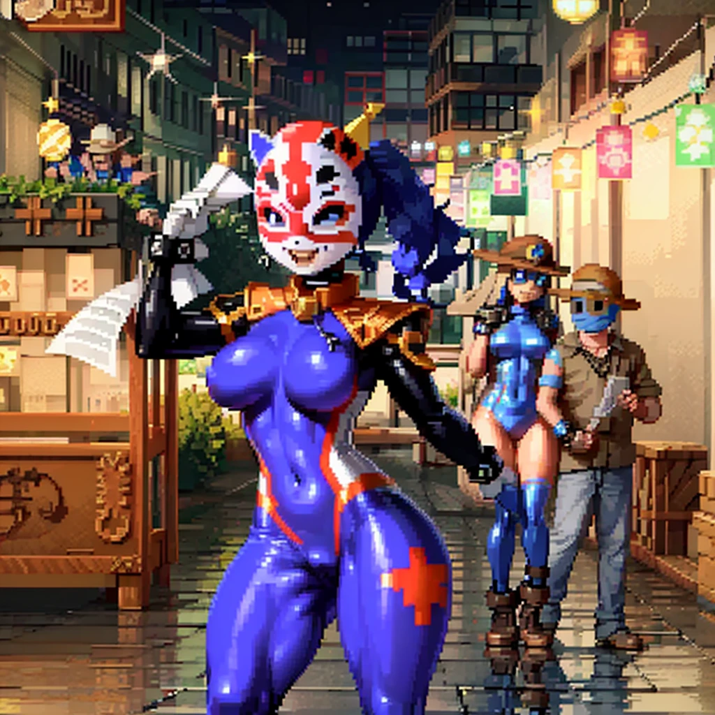 1girl, (PixelArt:1), (blue eyes, mask, domino mask, hat, bodysuit, jester cap, makeup, facepaint, gloves), (makeup), curvy, looking at viewer, evil smile, :D, leaning forward, cute pose, from below,
(detailed landscape, festival, lights, paper:1.2), (background:1), (dynamic_angle:1.2), (dynamic_pose:1.2), (rule of third_composition:1.3), (dynamic_perspective:1.2), (dynamic_Line_of_action:1.2), solo, wide shot,
(masterpiece:1.2), (best quality, highest quality), (ultra detailed), (8k, 4k, intricate),(full-body-shot:1), (Cowboy-shot:1.2), (50mm), (highly detailed:1.2),(detailed face:1.2), detailed_eyes,(gradients),(ambient light:1.3),(cinematic composition:1.3),(HDR:1),Accent Lighting,extremely detailed,original, highres,(perfect_anatomy:1.2),
 <lora:CspPixelArt_Style-20:1>