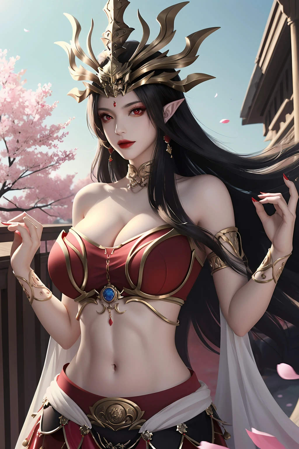 1girl, long hair, jewelry, solo, pointy ears, navel, black hair, earrings, upper body, hair ornament, red eyes, falling petals, red skirt, tube top, petals, skirt, bare shoulders, hand in own hair, midriff,cai lin, large breasts,shiny skin,(mature female),milf,<lora:cailin-v1.5-realistic-final-6ep:0.7>