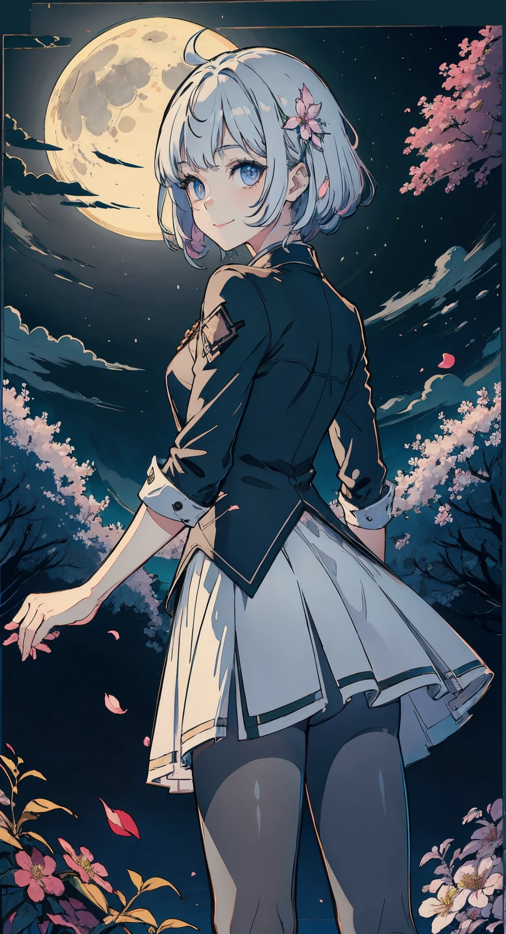 masterpiece, best quality, 1girl, (colorful),(delicate eyes and face), volumatic light, ray tracing, bust shot ,extremely detailed CG unity 8k wallpaper,solo,smile,intricate skirt,((flying petal)),(Flowery meadow) sky, cloudy_sky, moonlight, moon, night, (dark theme:1.3), light, fantasy, windy, magic sparks, dark castle,white hair,
((40d grey pantyhose)),grey pantyhose,pantyhose,
<lora:40d_grey_pantyhose-001:0.8>