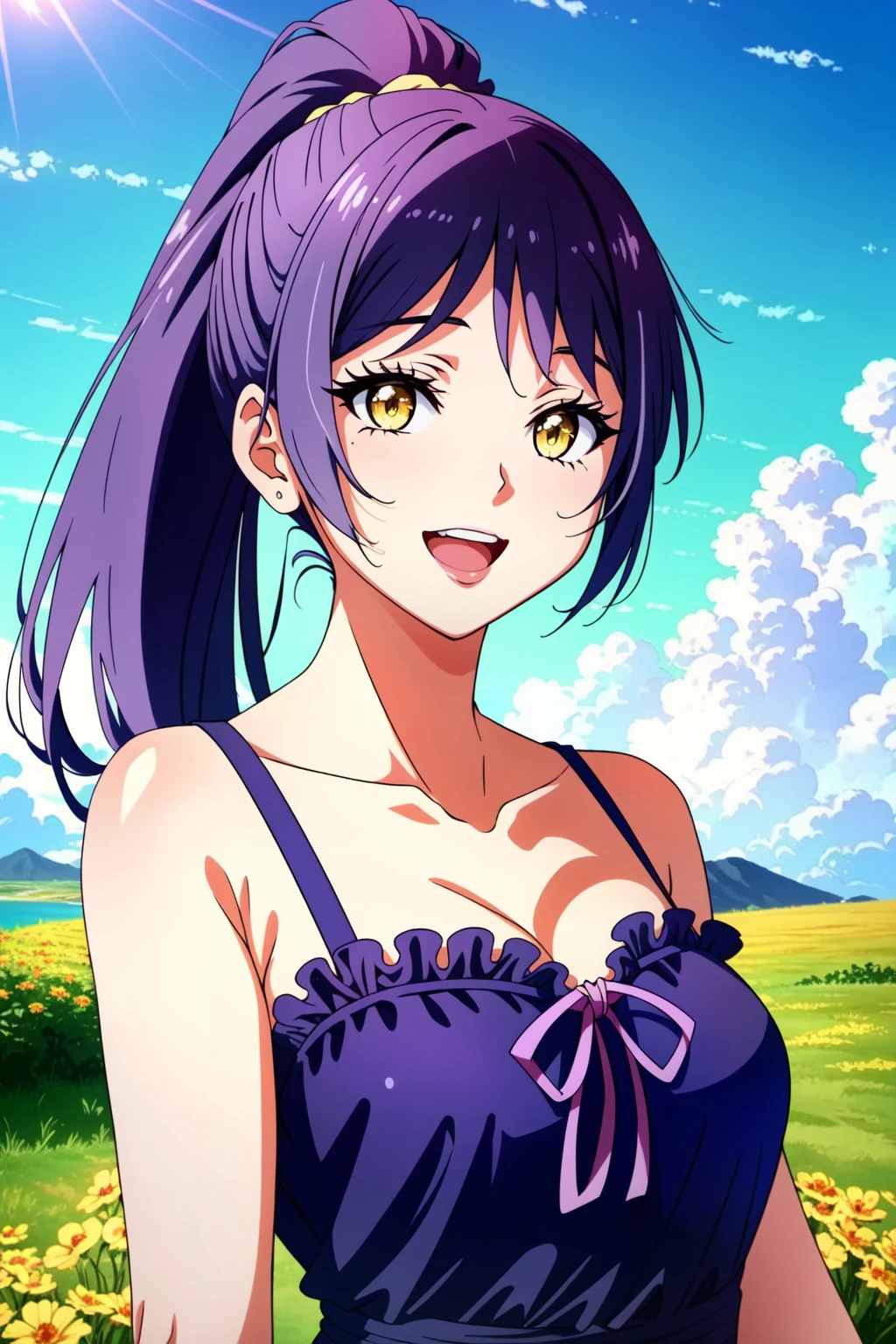 <lora:Tang Xuan:1> Tang Xuan, 1girl, solo, anime coloring, long hair, open mouth, day, ponytail, yellow eyes, collarbone, outdoors, sky, looking at viewer, purple hair, high ponytail, cloud, blue sky, bangs, portrait, parody, upper body hour glass body, smile, ((Purple Sundress)) ((Extremely Detailed)), ((Best Quality)), ((Masterpiece)), ((4k))