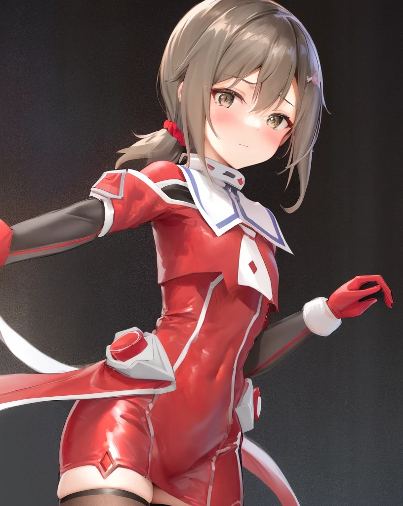 <lora:minowa_gin-10:0.7>,1girl, solo,brown hair,brown eyes,low ponytail,red gloves, bodysuit, red jacket,magical girl,red scrunchie,red dress, red thighhighs,