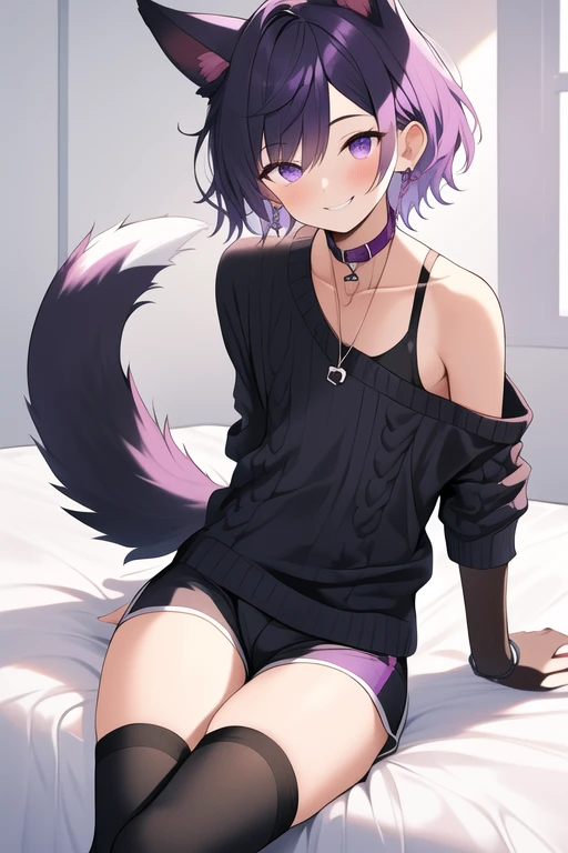 (masterpiece, best quality:1.2), illustration, absurdres, highres, extremely detailed, perfect face, 1boy, male focus, (adult male:1.2), sitting on bed, purple hair, short hair, messy hair, purple eyes, blue off the shoulder sweater, black sport shorts, bulge, black thigh highs, dog collar, flat chest, thick thighs, tall, smiling, looking at viewer, dog ears, dog tail, femboy, otoko no ko,